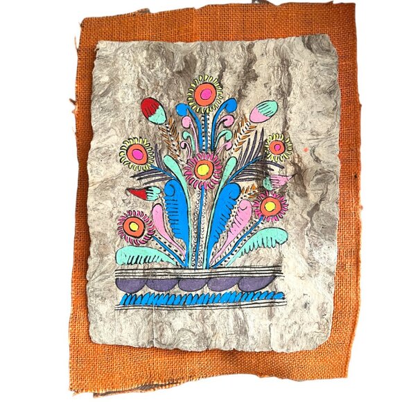 Vintage Mexican Amate Bark Painting – Floral Hand-Painted FOLK ART w/ Burlap Mat - Picture 16 of 16
